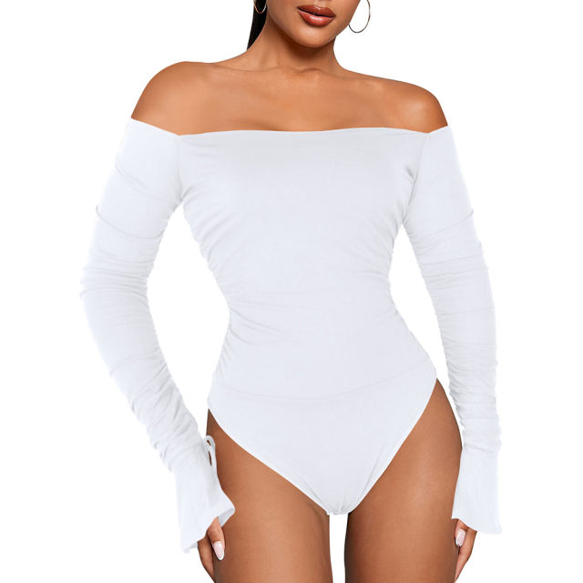White Rib Off Shoulder Flare Long Sleeve Bodysuit TQV220159-1