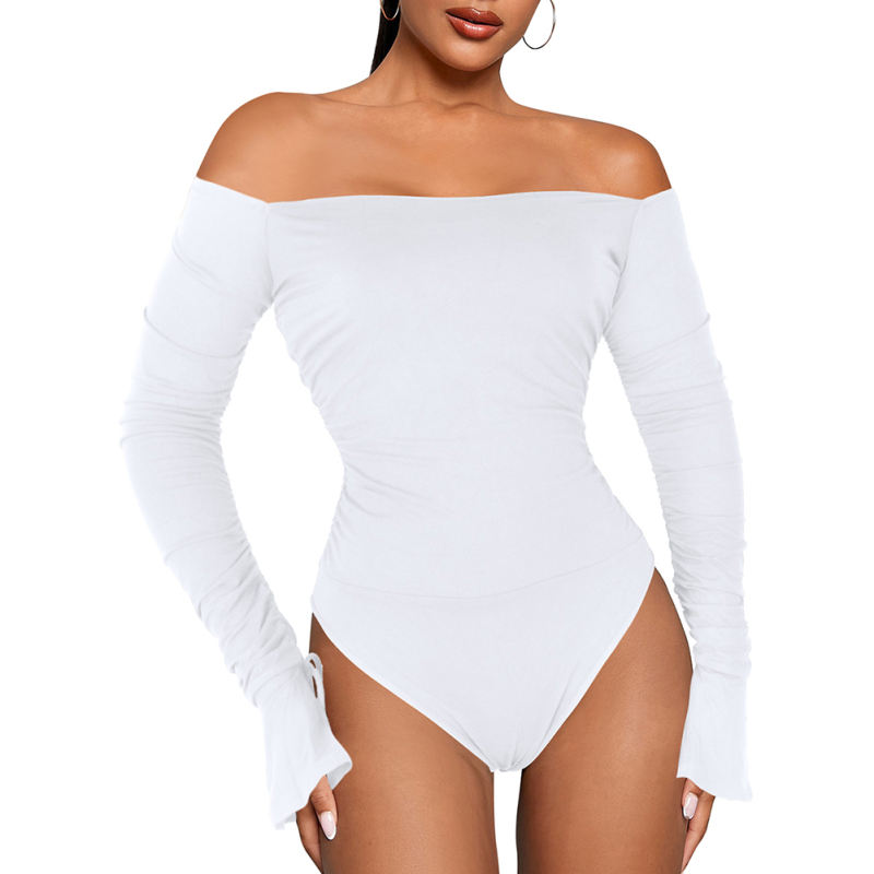 White Rib Off Shoulder Flare Long Sleeve Bodysuit TQV220159-1