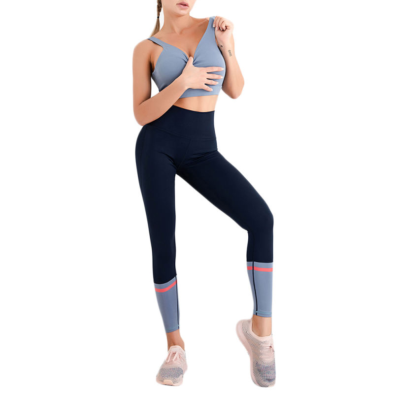 Blue Shockproof Bra With Colorblock Yoga Pants TQE990214-5