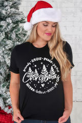 Black Christmas Tree Letter Graphic Print Crew Neck T Shirt LC25219179-2