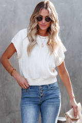 White Textured Knit Short Sleeve Top LC25119034-1