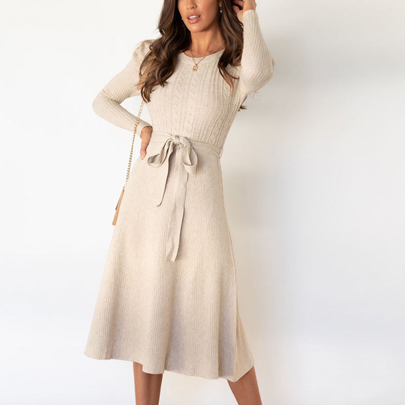 Apricot Knitted Tie Waist Puff Sleeve Sweater Dress