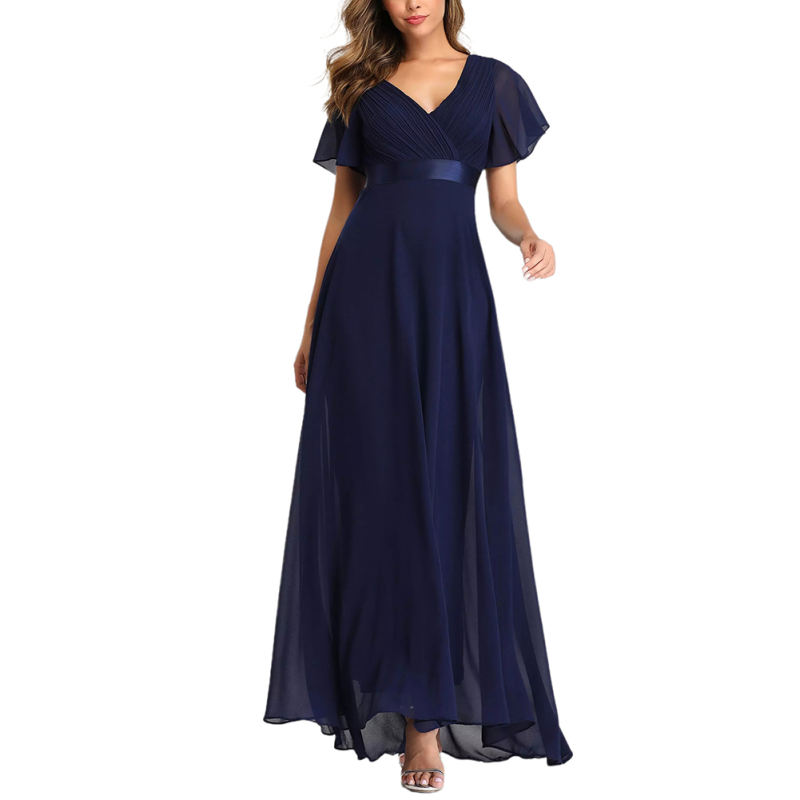 Navy Blue V Neck High Waist Swing Bridesmaid Dress TQK311075-34