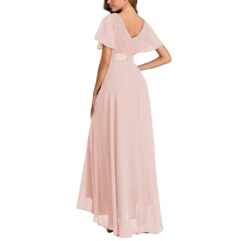 Pink V Neck High Waist Swing Bridesmaid Dress TQK311075-10