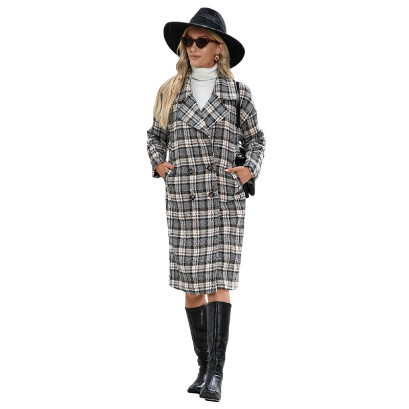 Yellow Plaid Double Breasted Woolen Long Coat TQK280115-7