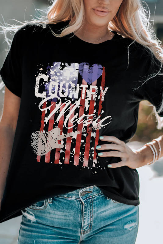 Black Country Music American Flag Print Short Sleeve T Shirt LC25220380-2