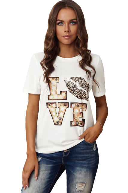White Crew Neck Cartoon Letter Print Valentine Tee LC2522121-1