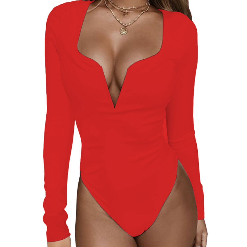 Red Deep V Neck Long Sleeve Bodysuit TQV220157-3