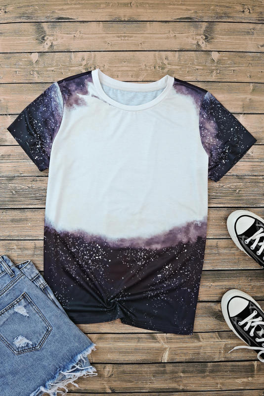 Black Tie Dye Bleached Print Short Sleeve Crewneck Top LC25220646-2