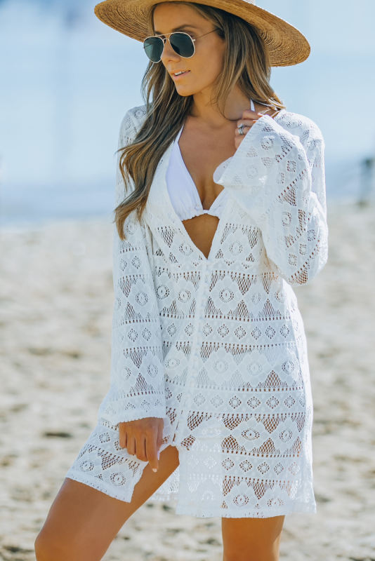 White Button Down Lace Tunic Beach Dress LC421565-1