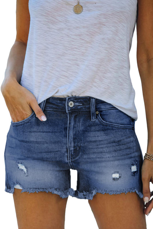 Dark Blue Distressed Ripped Denim Shorts with Pockets LC781604-5