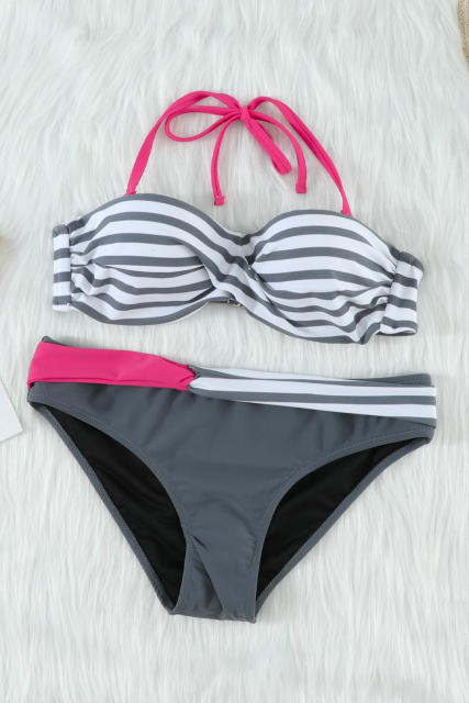 Gray Halter Bandeau Striped Bikini LC43332-11