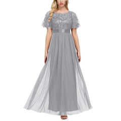 Gray Embroidery Sequined Mesh High Waist Evening Dress TQK311076-11