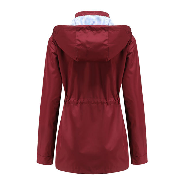 Wine Red Hooded Detachable Windproof Plus Size Windbreaker TQK280123-23