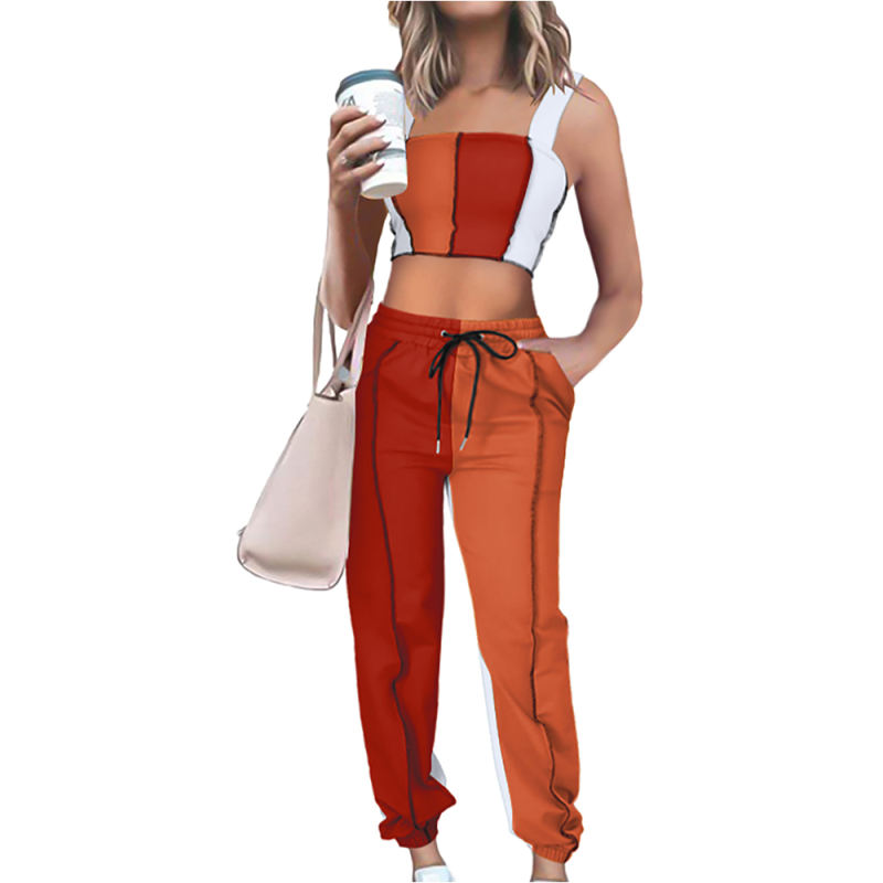 Red Colorblock Crop Tank with Pant Set TQK710340-3