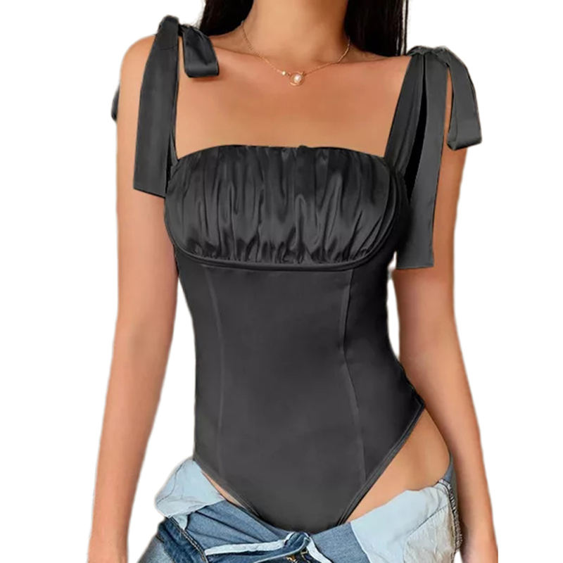Black Lace-up Spaghetti Straps Ruched Bodysuit TQX551116-2