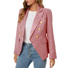 Red Double-breasted Houndstooth Blazer TQK260064-3