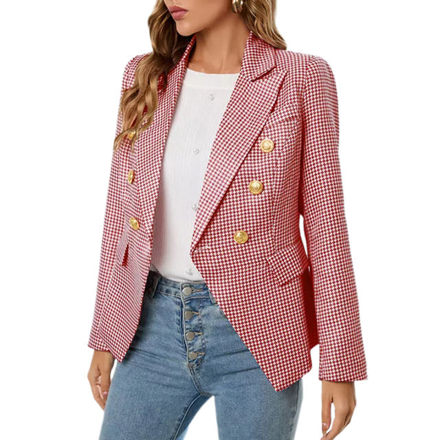 Red Double-breasted Houndstooth Blazer TQK260064-3