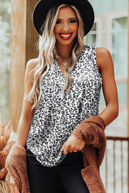 White Leopard V Neck Tank Top LC2567795-1