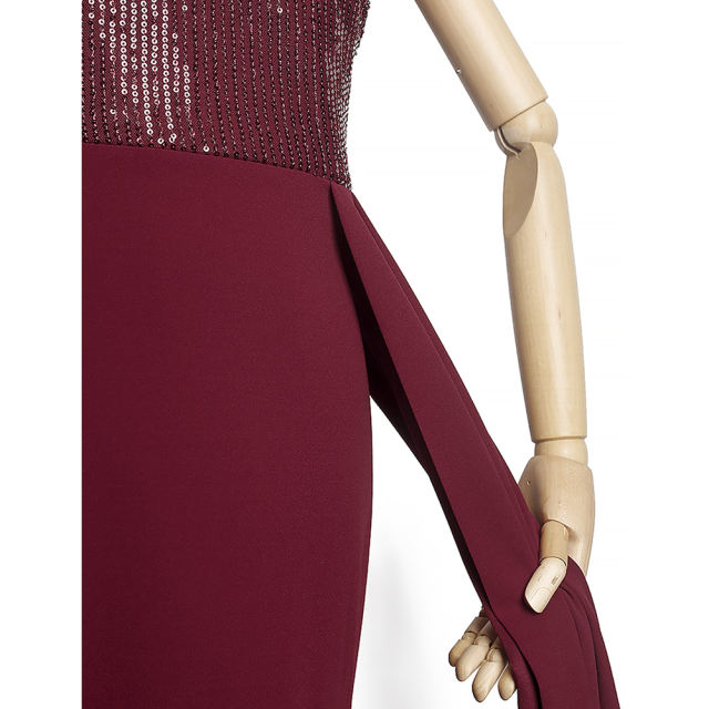 Wine Red Splicing Sequined One-shoulder Plus Size Evening Dress TQK311030-23
