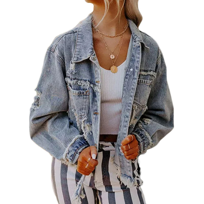 Light Blue Distressed Raw Hem Denim Jacket TQK280186-30