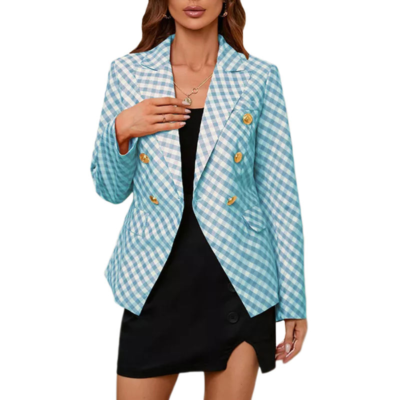 Light Blue Double Breasted Slim Fit Plaid Print Blazer TQK260063-30