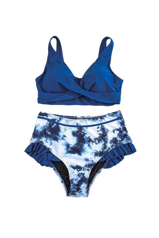 Blue Sexy Solid Crisscross Top and Ruffled Tie Dye High Waisted Swimsuit LC43741-5