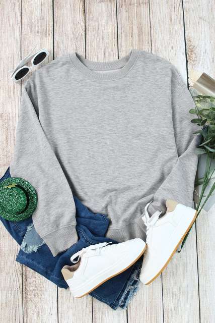Gray Plain Crew Neck Pullover Sweatshirt