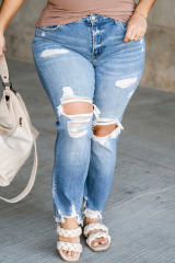 Sky Blue Distressed Holes Frayed Hem Plus Size Jeans PL787003-4
