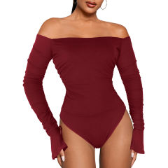 Burgundy Rib Off Shoulder Flare Long Sleeve Bodysuit TQV220159-23