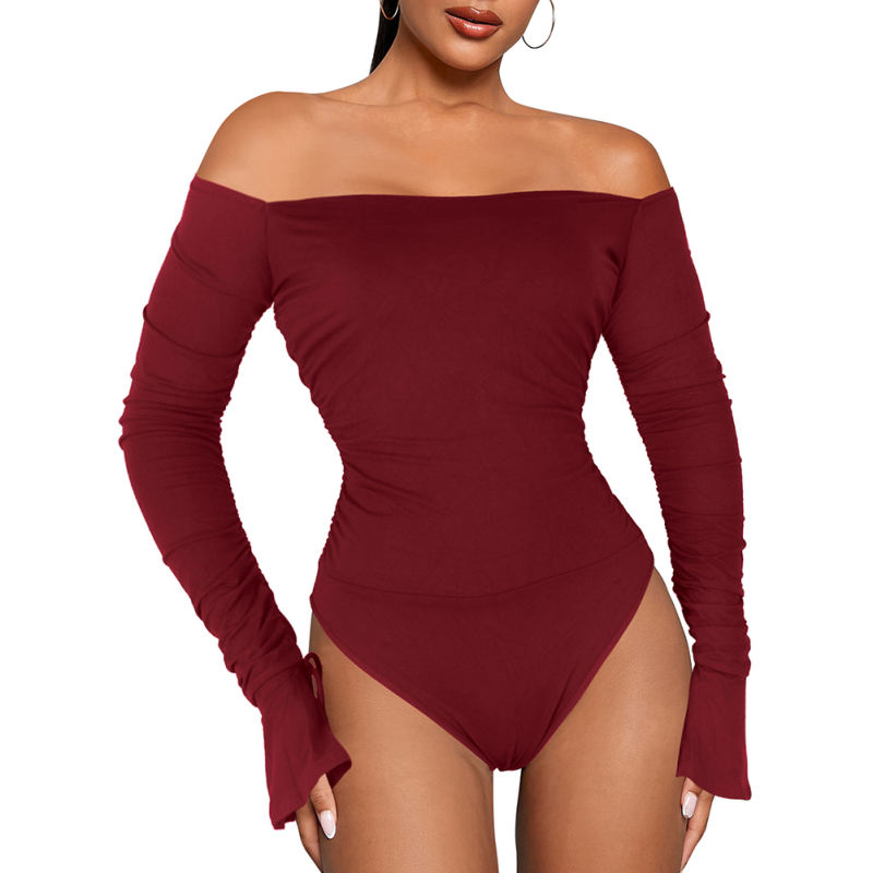 Burgundy Rib Off Shoulder Flare Long Sleeve Bodysuit TQV220159-23