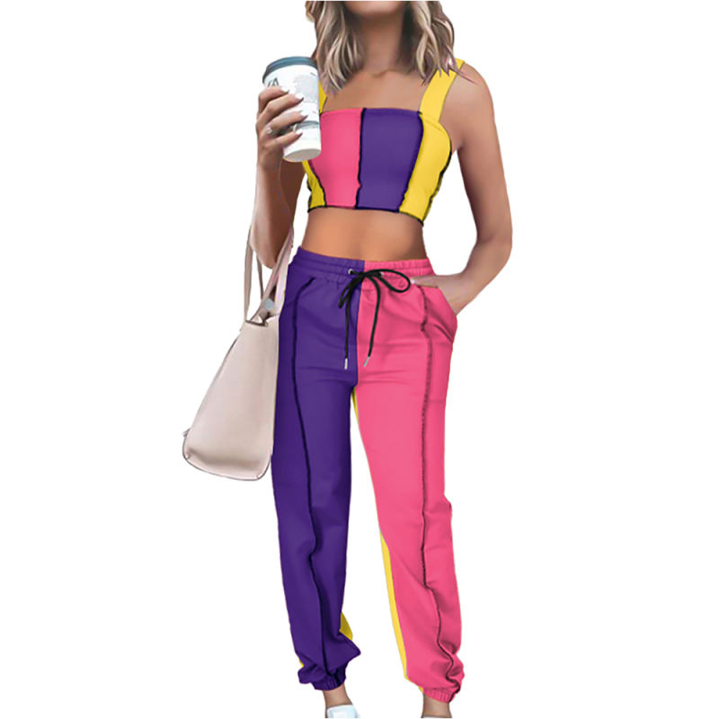 Purple Colorblock Crop Tank with Pant Set TQK710340-8