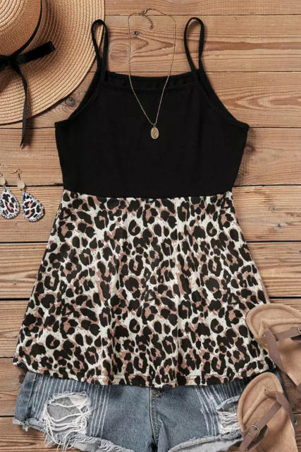 Black Leopard Patchwork Spaghetti Strap Tank Top LC2567716-2