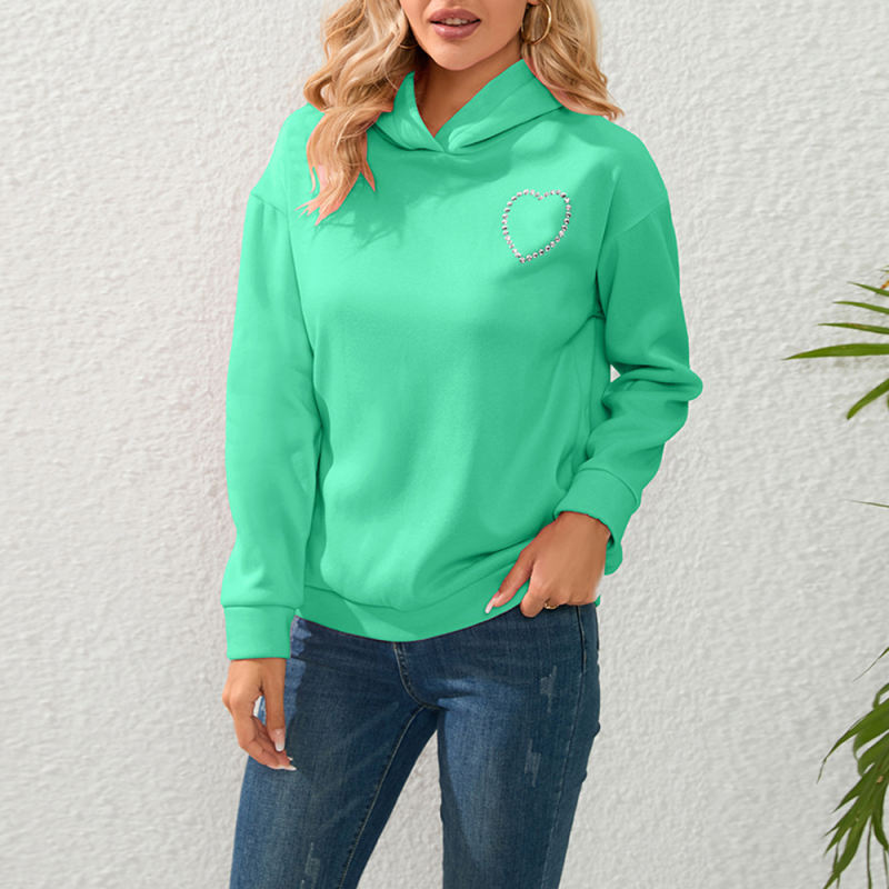 Green Heart Rhinestone Back Cut-out Pullover Hoodie