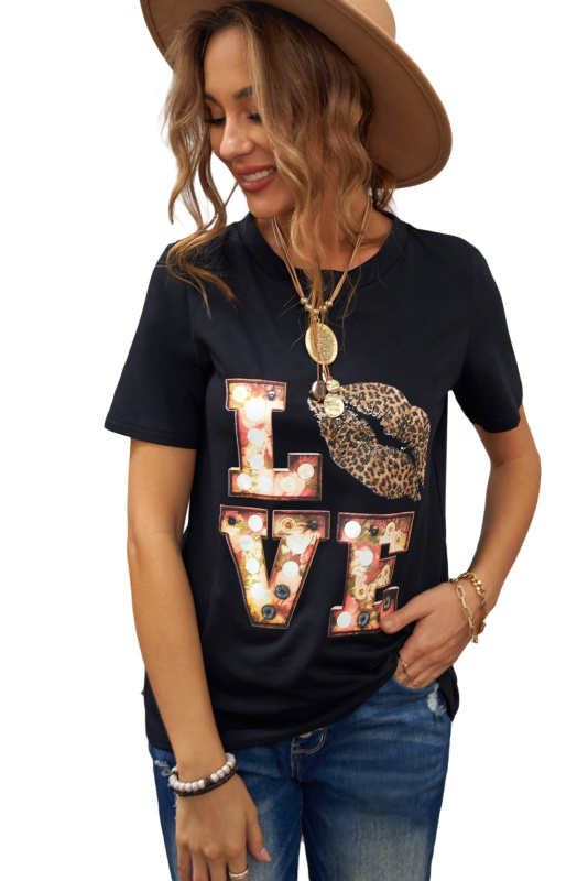 Black Crew Neck Cartoon Letter Print Valentine Tee LC2522121-2