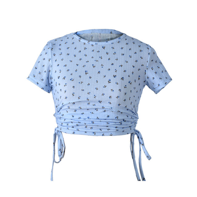 Light Blue Sides Drawstring Short Sleeve Crop Top TQK210630-30