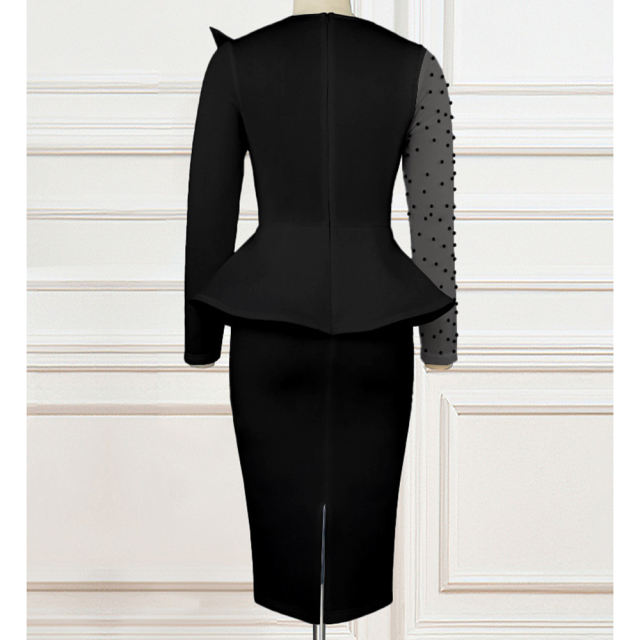 Black Splicing Mesh Beading Peplum Style Evening Dress