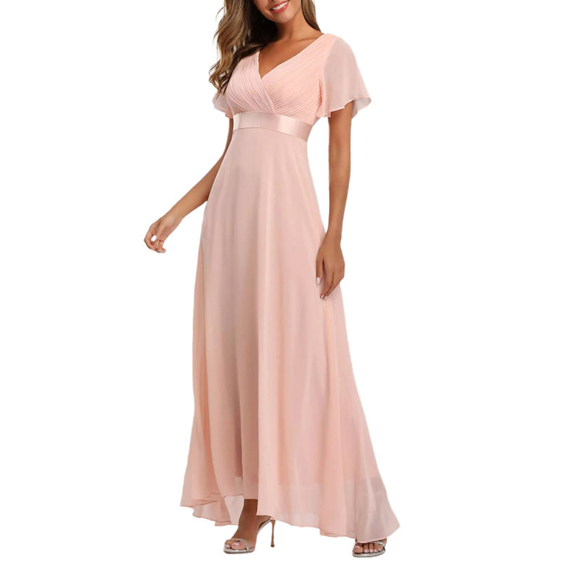 Pink V Neck High Waist Swing Bridesmaid Dress TQK311075-10