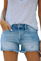 Light Blue Distressed Ripped Denim Shorts with Pockets LC781604-4