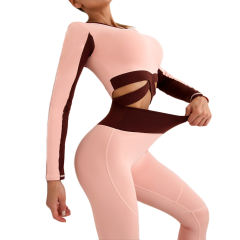 Pink Contrast Long Sleeve Yoga Set TQE990215-10