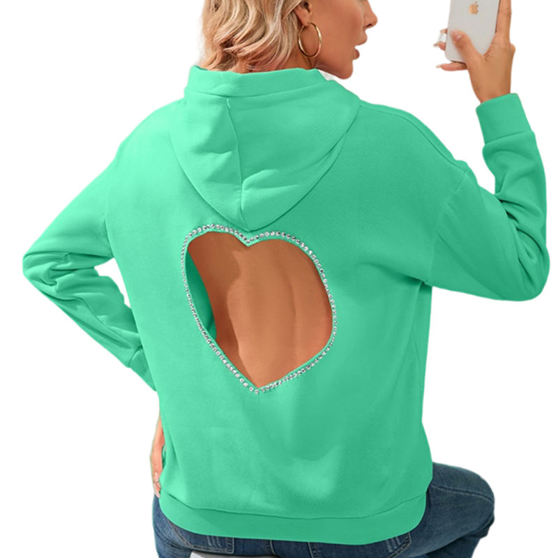 Green Heart Rhinestone Back Cut-out Pullover Hoodie