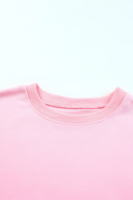 Pink Plain Crew Neck Pullover Sweatshirt