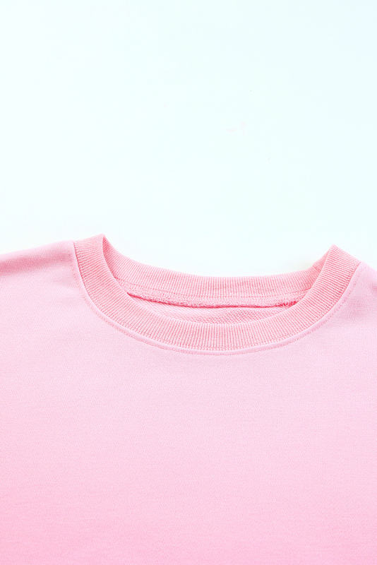 Pink Plain Crew Neck Pullover Sweatshirt