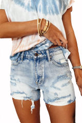 Sky Blue High Waisted Distressed Pockets Washed Denim Shorts LC78855-4