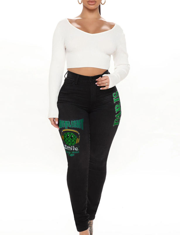 Fashion Print Skinny Jeans in Black TQV510004-2