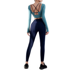 Blue Back Hollow Out Long Sleeve Top and Yoga Pants TQE990212-5