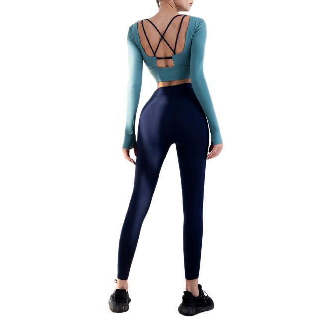 Blue Back Hollow Out Long Sleeve Top and Yoga Pants TQE990212-5