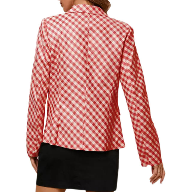 Red Double Breasted Slim Fit Plaid Print Blazer TQK260063-3