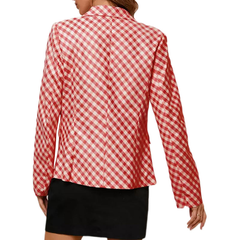 Red Double Breasted Slim Fit Plaid Print Blazer TQK260063-3