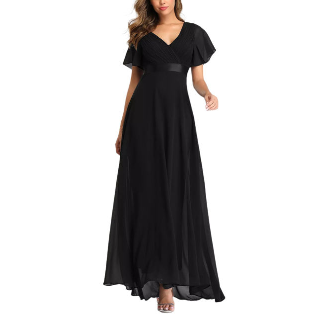 Black V Neck High Waist Swing Bridesmaid Dress TQK311075-2